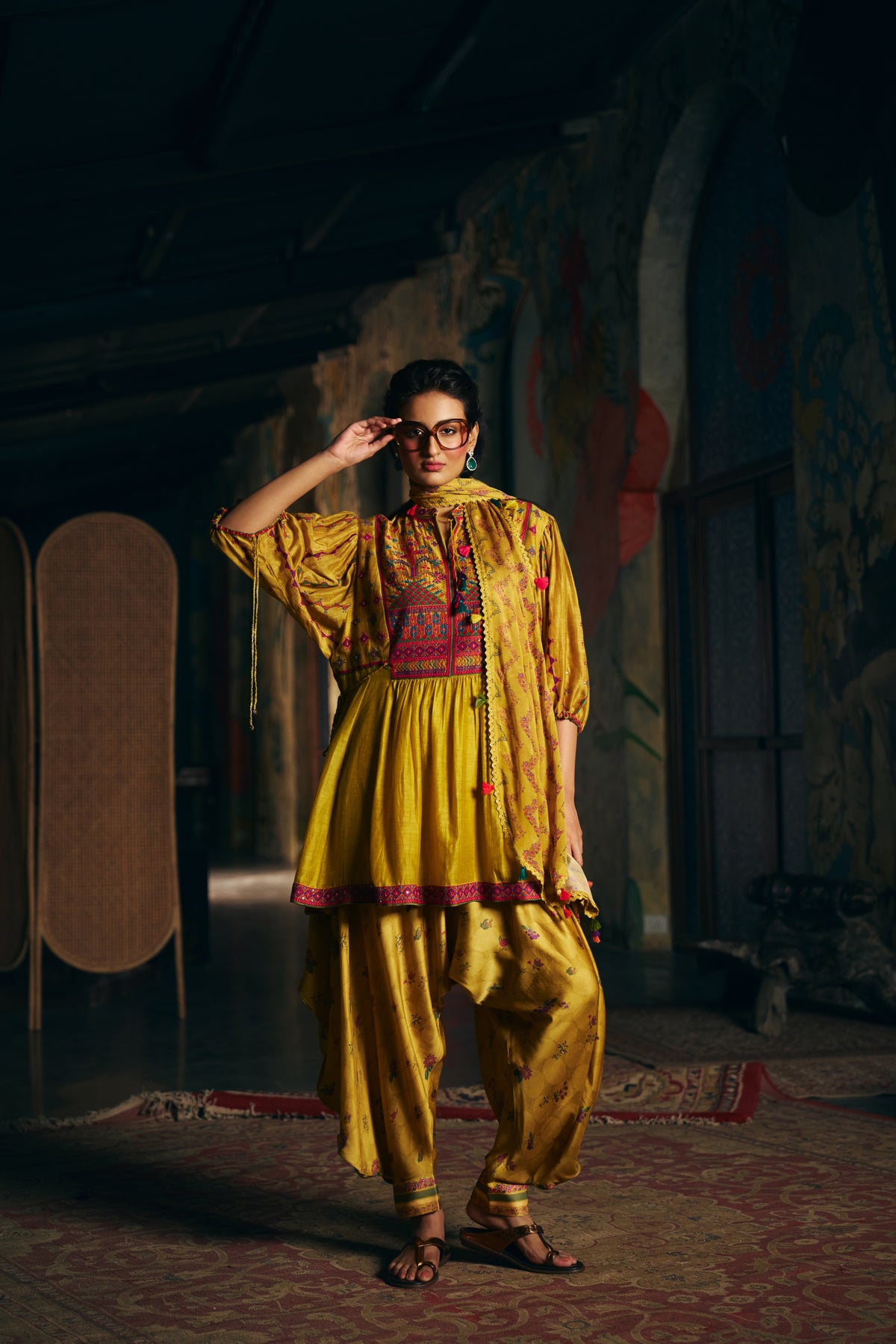 Mustard Silk Embroidered Peplum Kurta Set with Printed Dhoti Salwar and Dupatta - Mokshaa