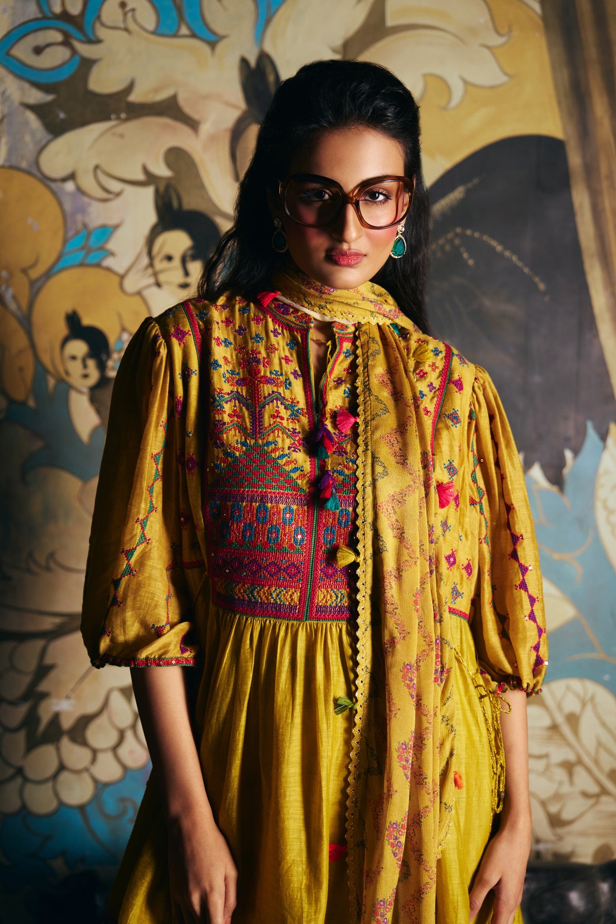 Mustard Silk Embroidered Peplum Kurta Set with Printed Dhoti Salwar and Dupatta - Mokshaa