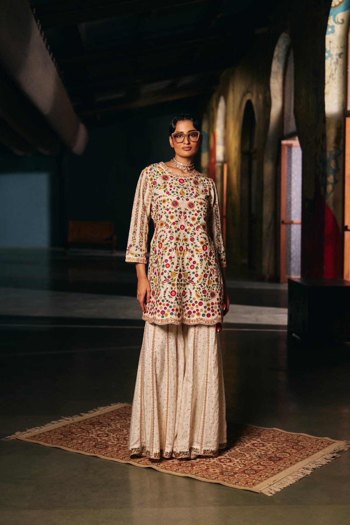 Ivory Silk Embroidered Kurta Set with Floral Resham Work and Sharara - Mokshaa