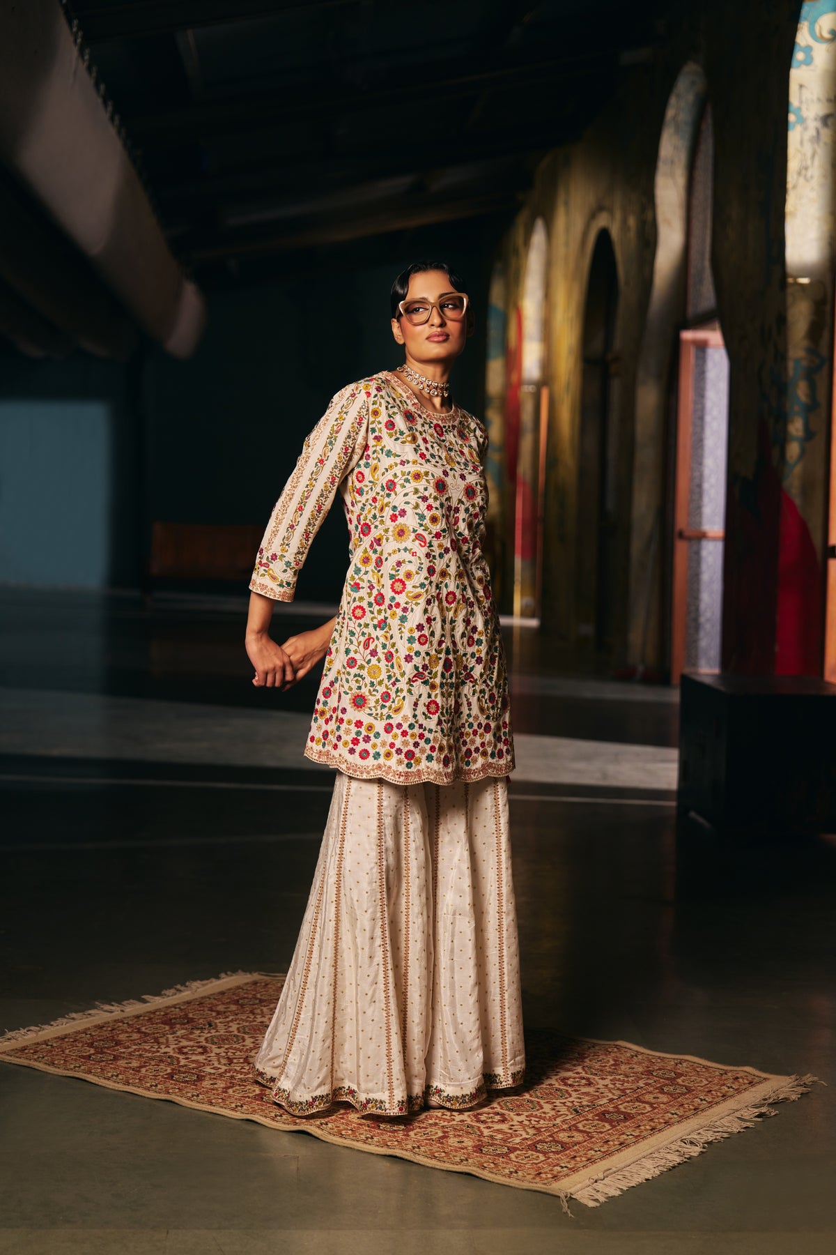 Ivory Silk Embroidered Kurta Set with Floral Resham Work and Sharara - Mokshaa