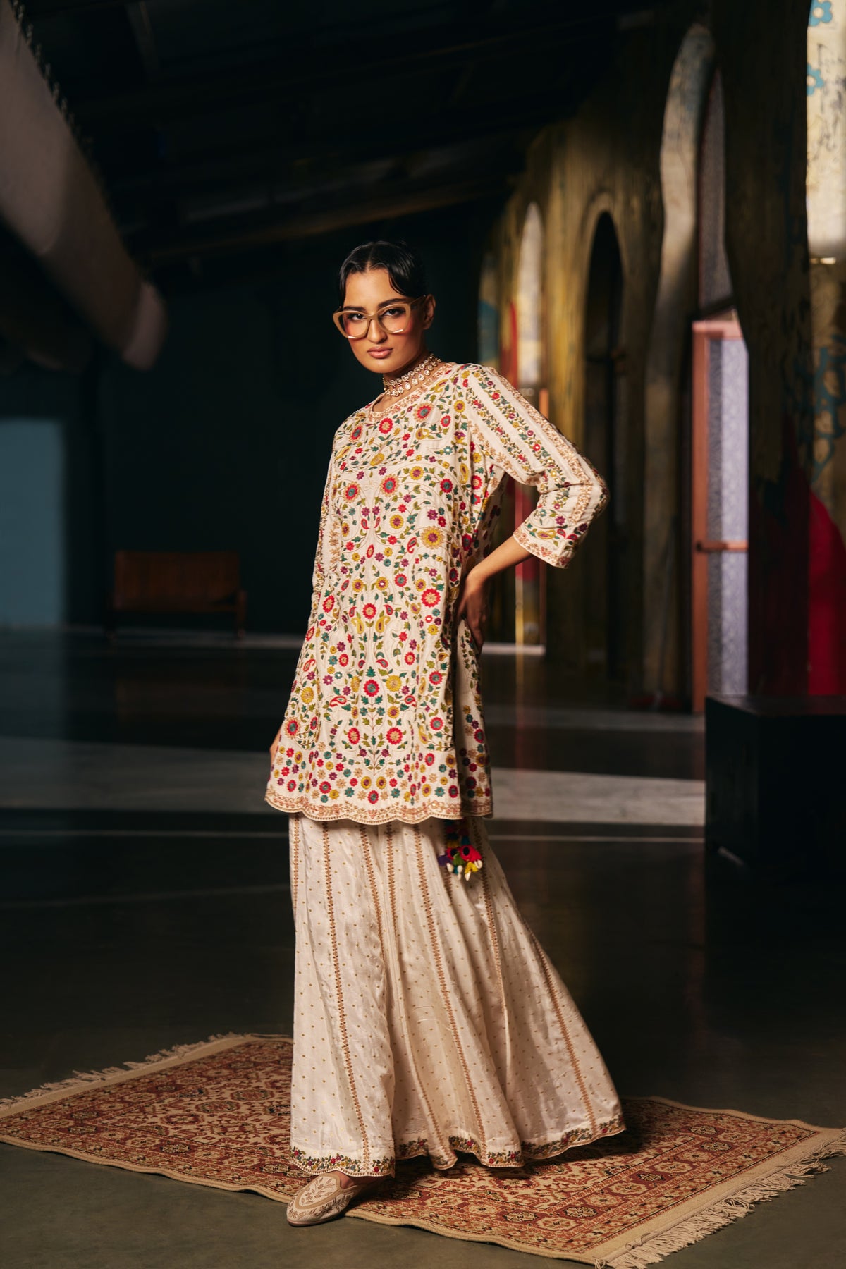 Ivory Silk Embroidered Kurta Set with Floral Resham Work and Sharara - Mokshaa