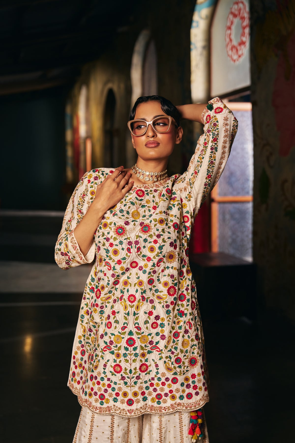 Ivory Silk Embroidered Kurta Set with Floral Resham Work and Sharara - Mokshaa