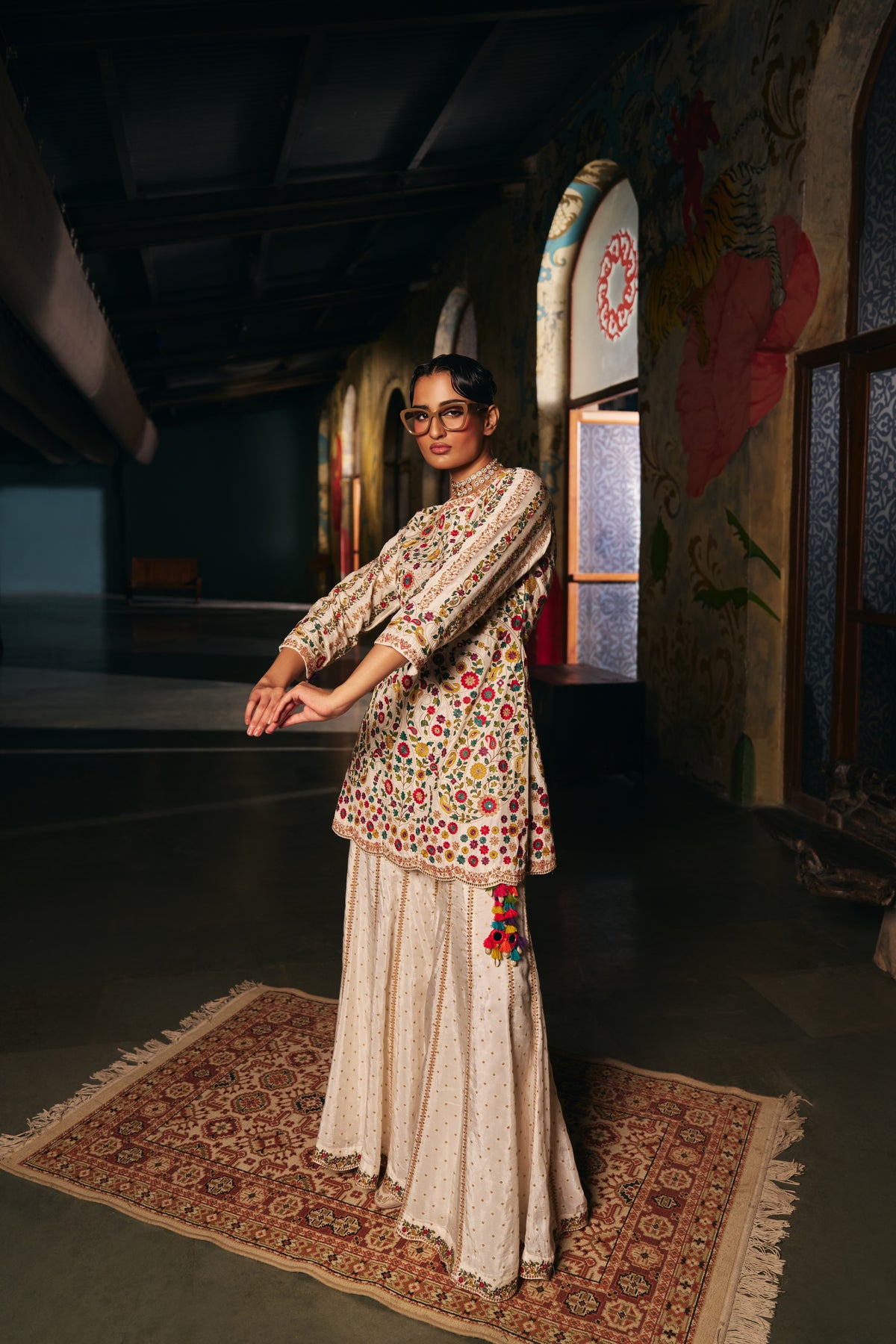 Ivory Silk Embroidered Kurta Set with Floral Resham Work and Sharara - Mokshaa