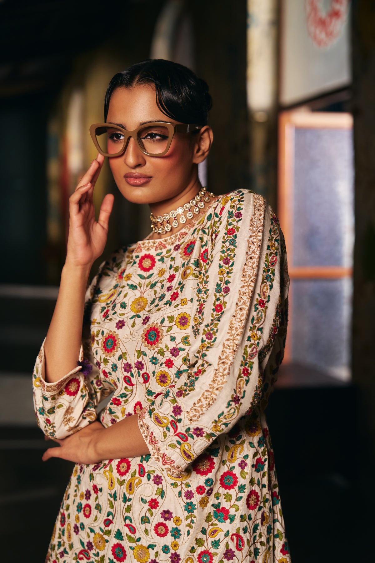 Ivory Silk Embroidered Kurta Set with Floral Resham Work and Sharara - Mokshaa