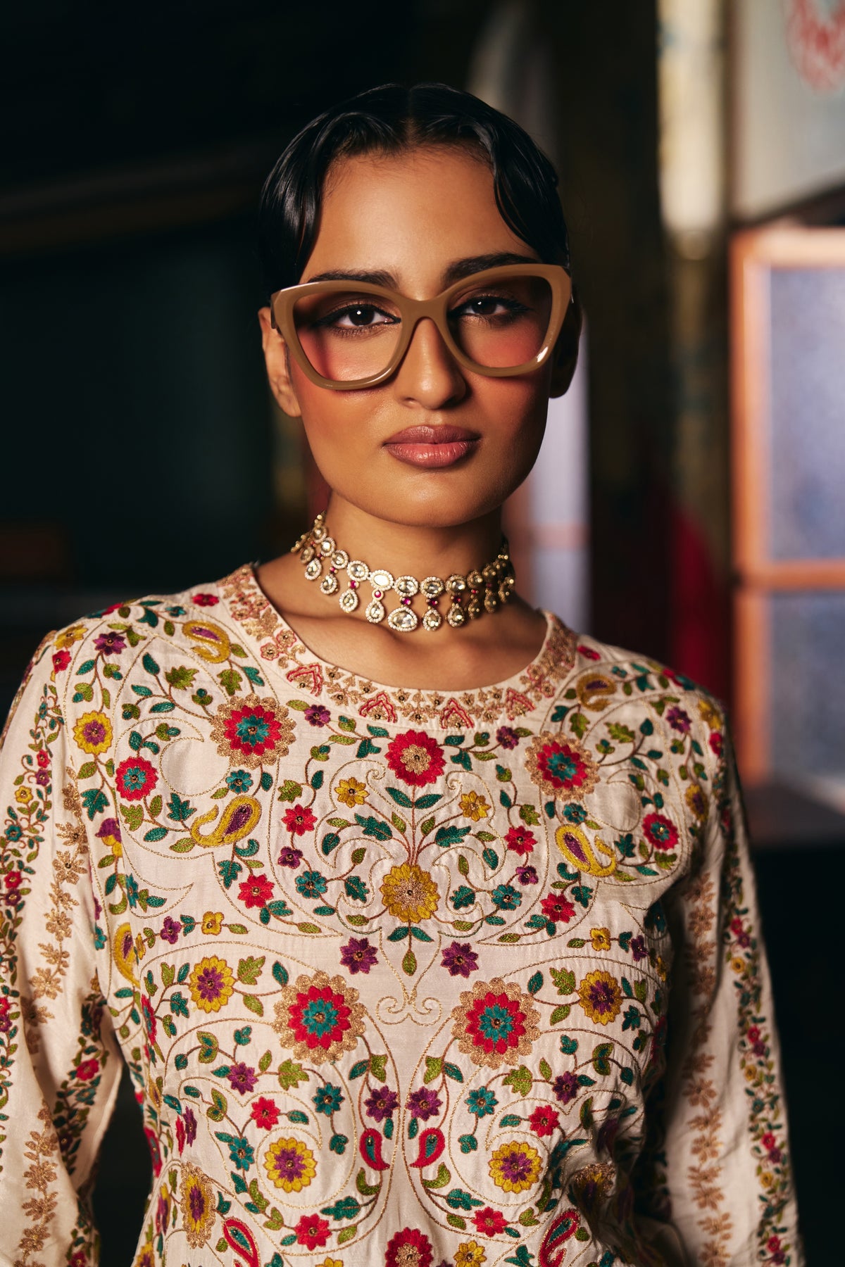 Ivory Silk Embroidered Kurta Set with Floral Resham Work and Sharara - Mokshaa