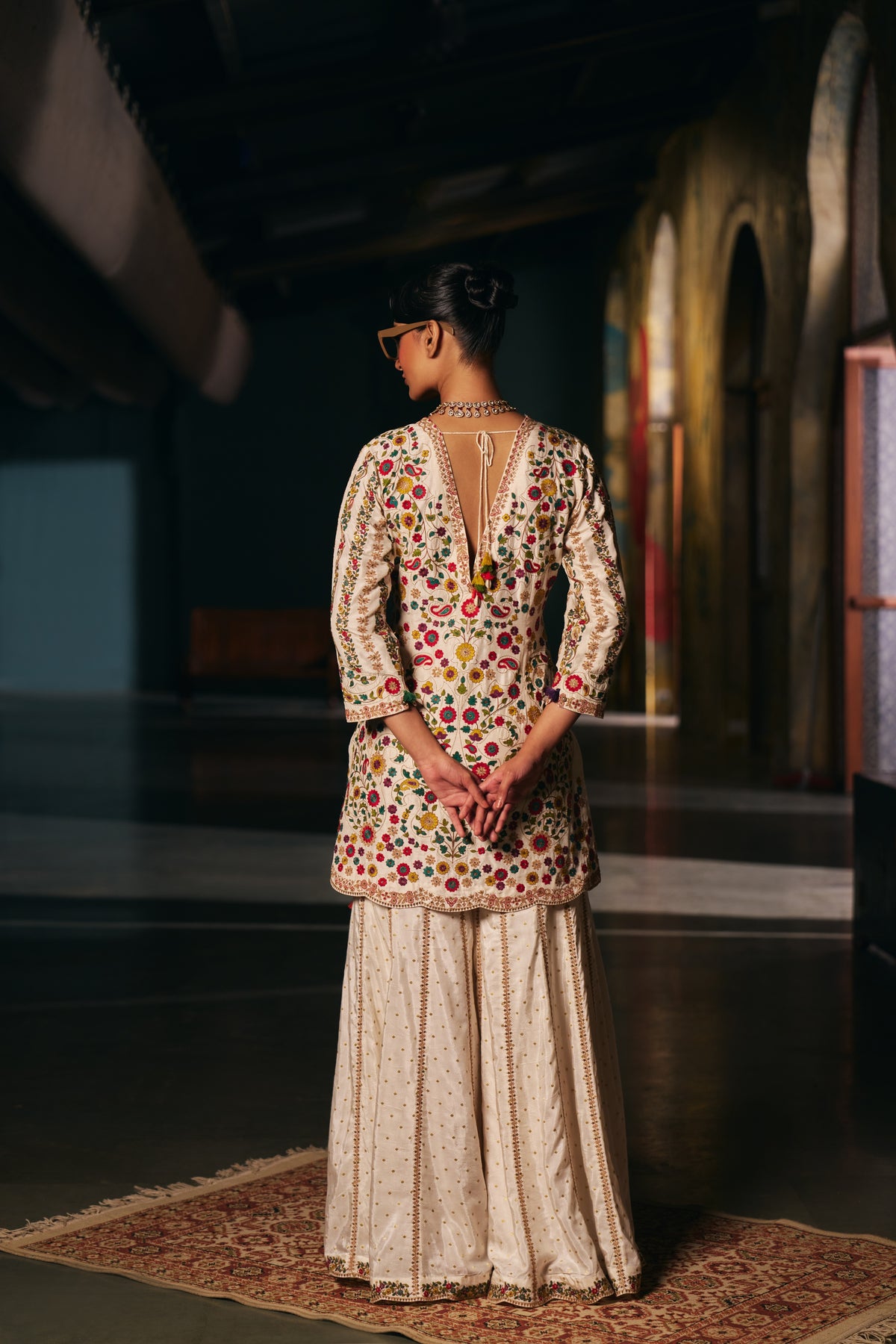 Ivory Silk Embroidered Kurta Set with Floral Resham Work and Sharara - Mokshaa