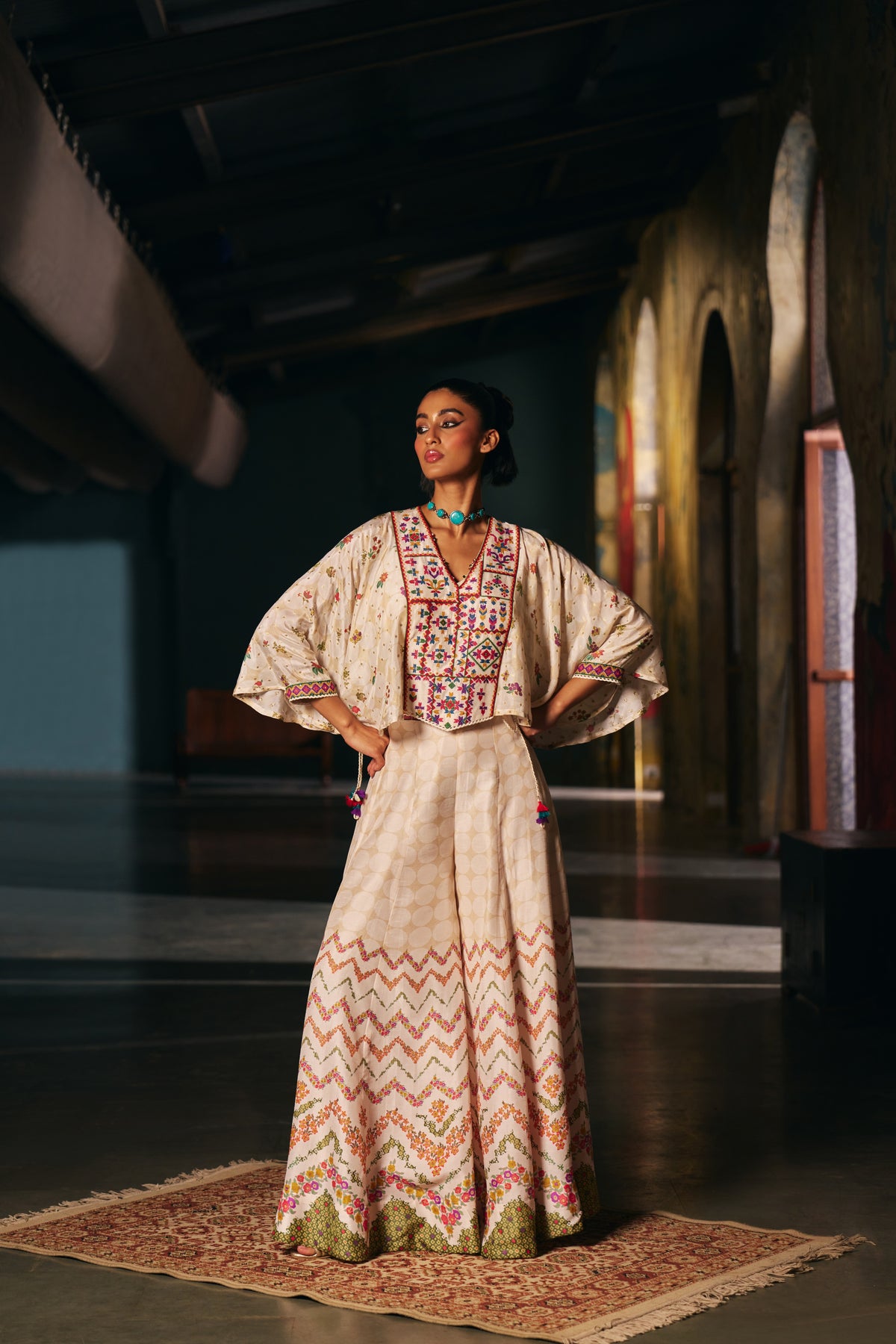Ivory Silk Kaftan Top with Geometric Yoke Embroidery and Printed Palazzo - Mokshaa