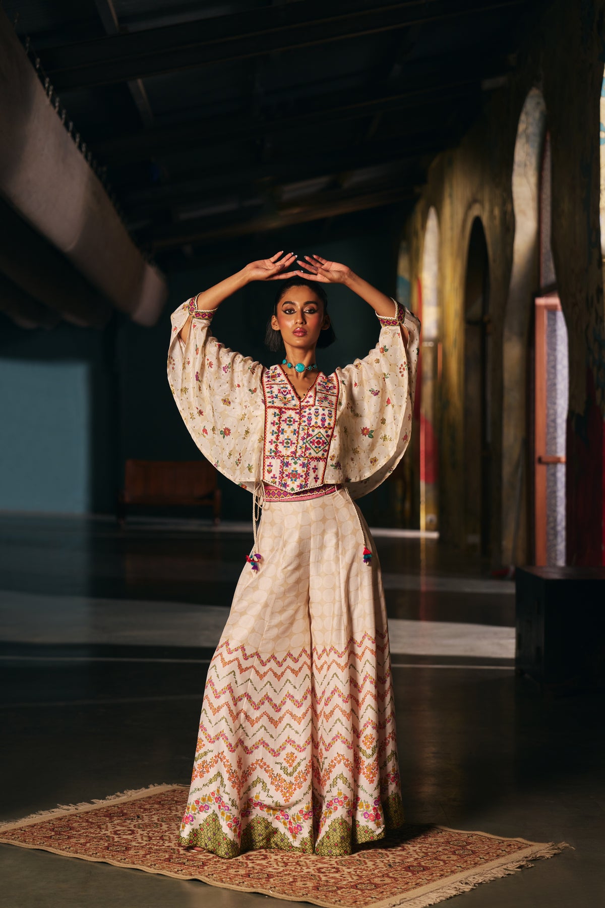 Ivory Silk Kaftan Top with Geometric Yoke Embroidery and Printed Palazzo - Mokshaa