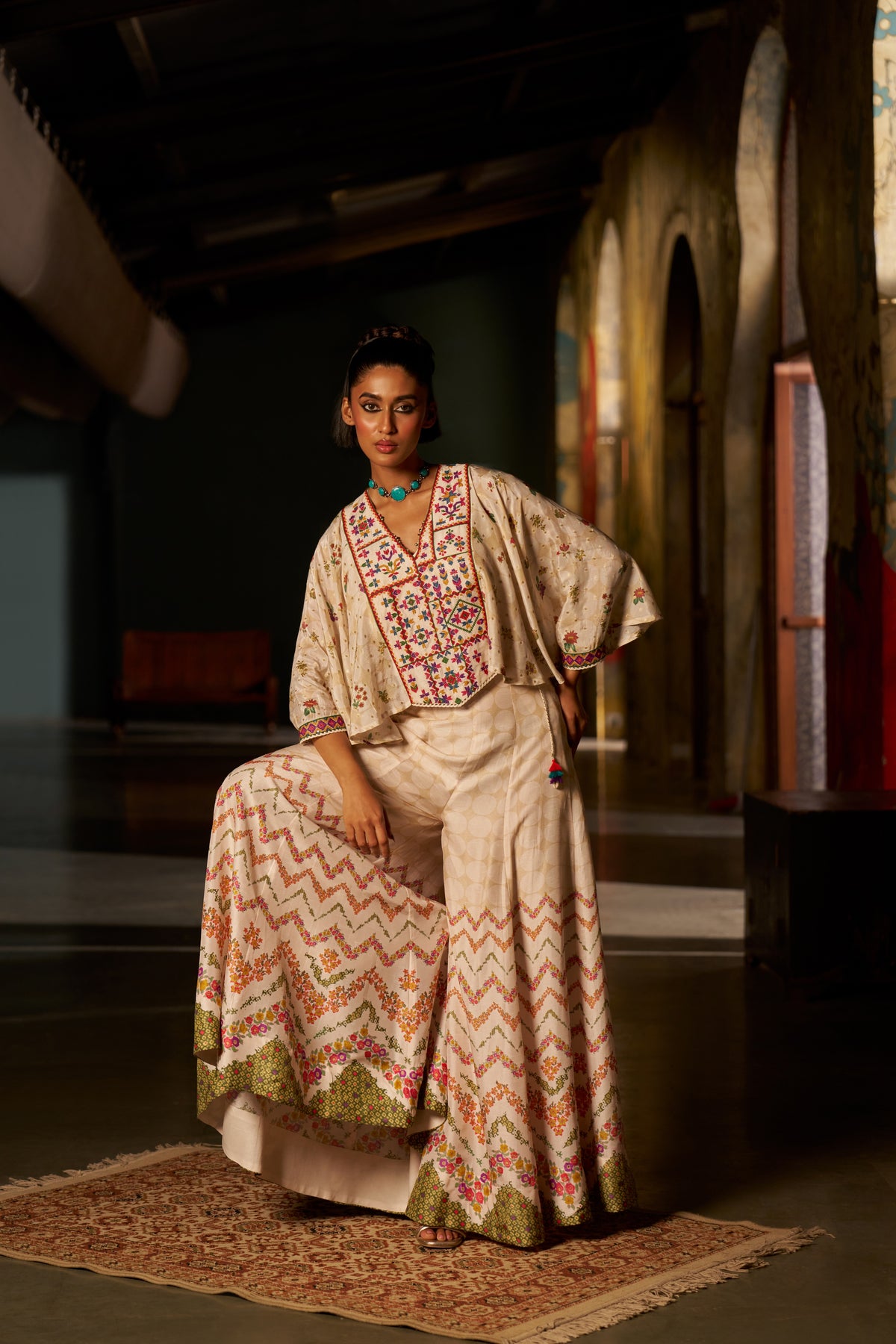 Ivory Silk Kaftan Top with Geometric Yoke Embroidery and Printed Palazzo - Mokshaa