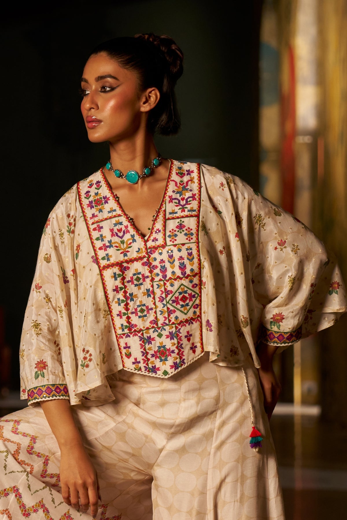 Ivory Silk Kaftan Top with Geometric Yoke Embroidery and Printed Palazzo - Mokshaa