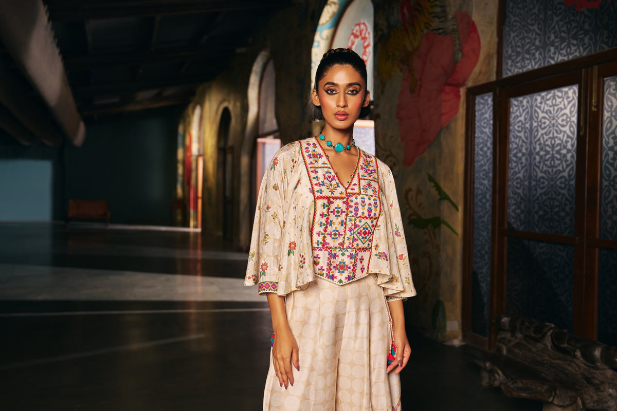 Ivory Silk Kaftan Top with Geometric Yoke Embroidery and Printed Palazzo - Mokshaa