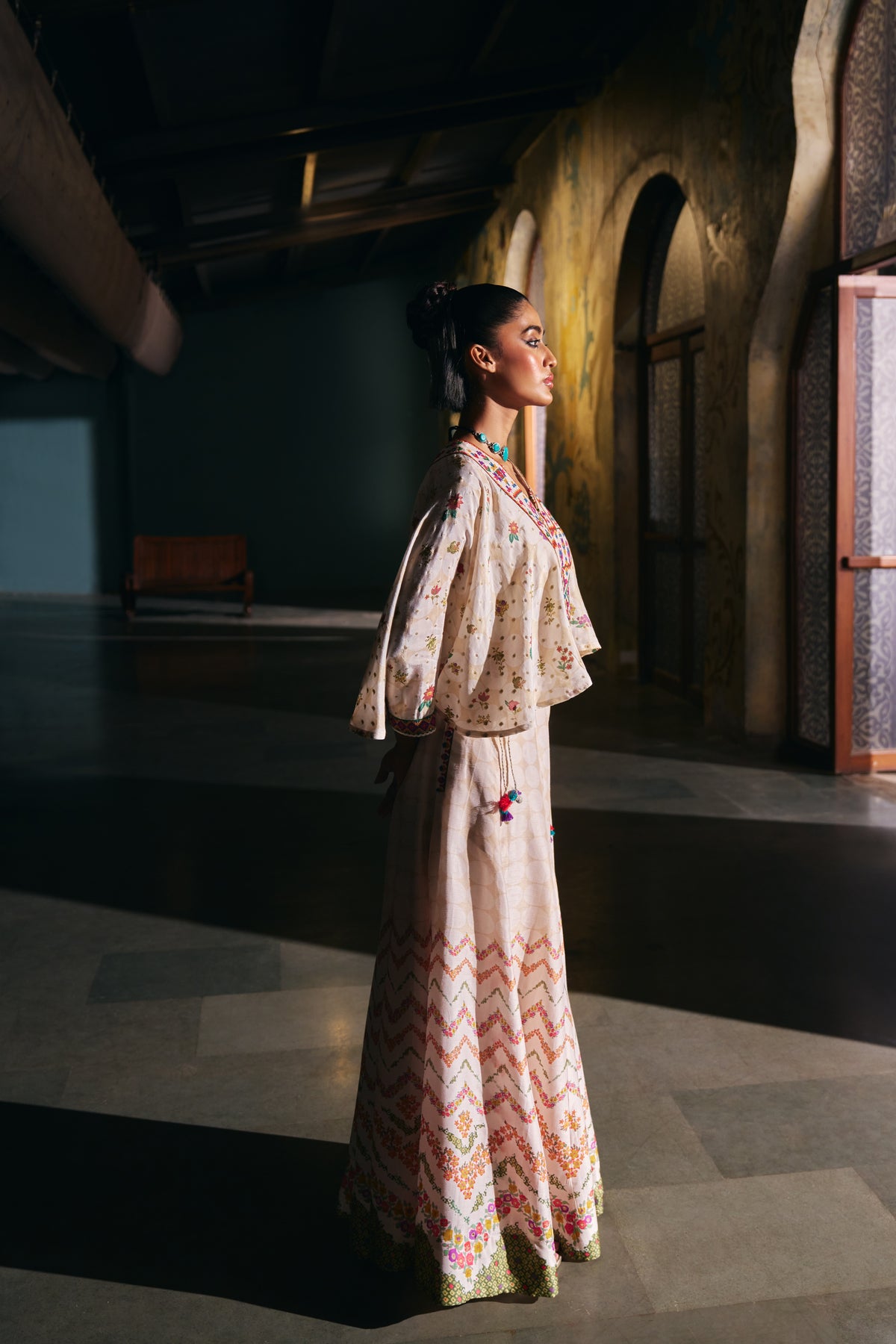 Ivory Silk Kaftan Top with Geometric Yoke Embroidery and Printed Palazzo - Mokshaa