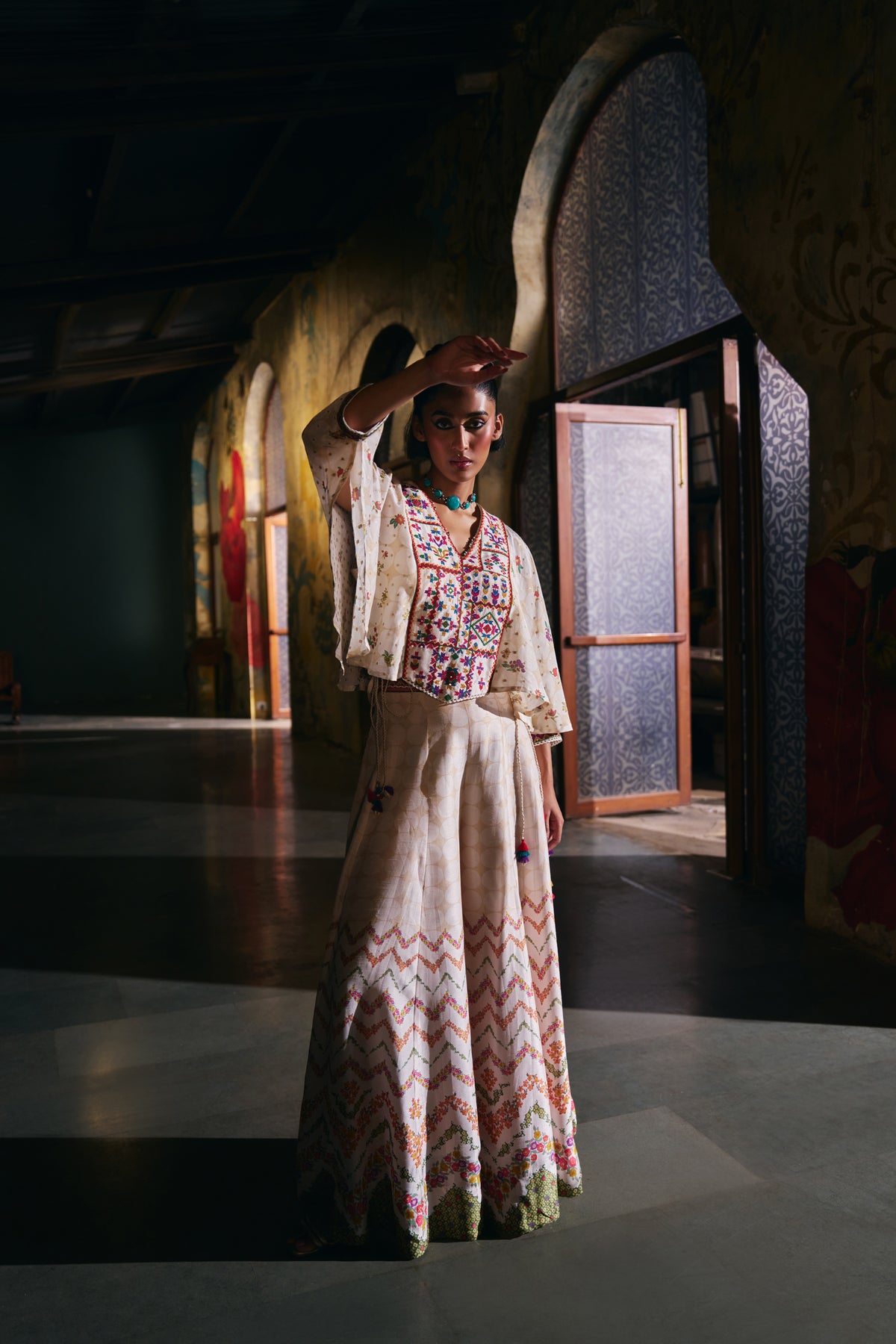 Ivory Silk Kaftan Top with Geometric Yoke Embroidery and Printed Palazzo - Mokshaa