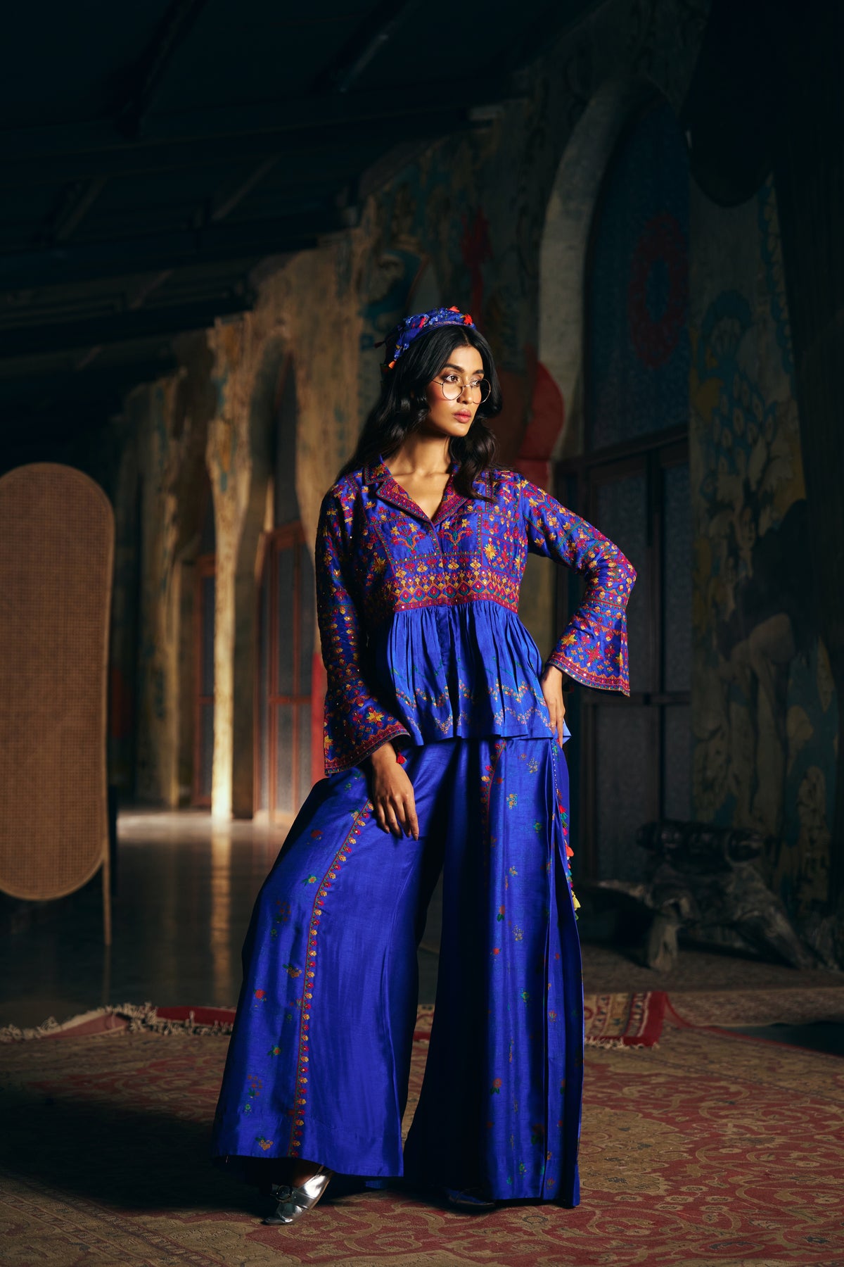Royal Blue Silk Embroidered Peplum Jacket Set with Wide-Leg Palazzo - Mokshaa