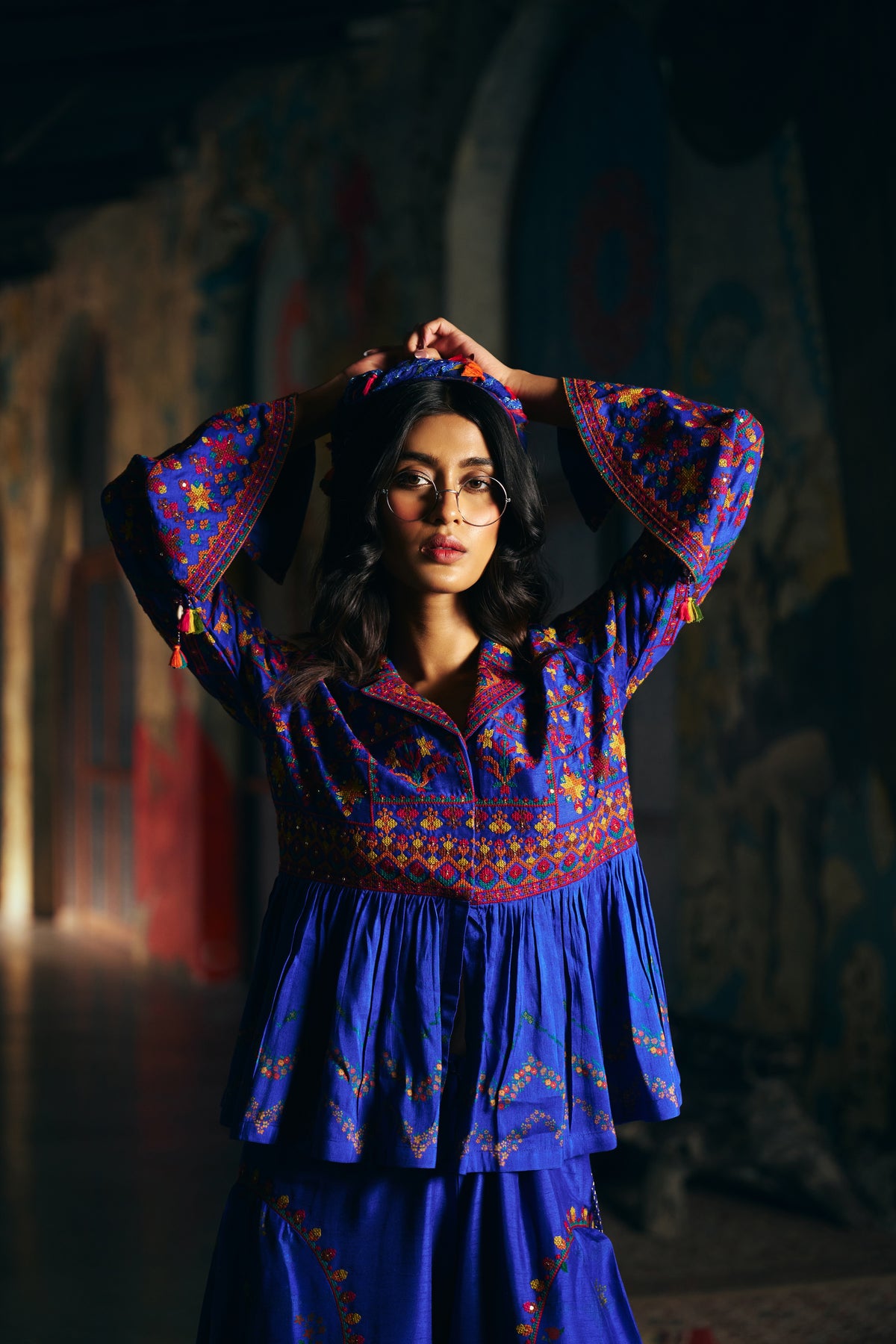 Royal Blue Silk Embroidered Peplum Jacket Set with Wide-Leg Palazzo - Mokshaa