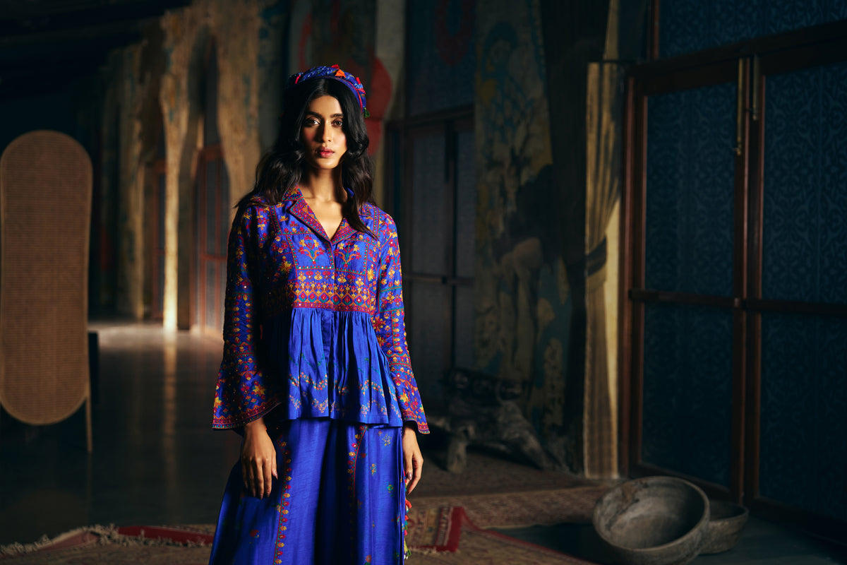Royal Blue Silk Embroidered Peplum Jacket Set with Wide-Leg Palazzo - Mokshaa