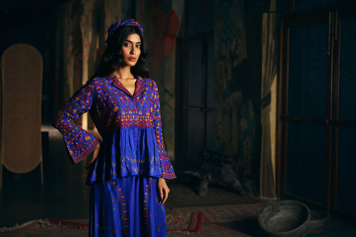 Royal Blue Silk Embroidered Peplum Jacket Set with Wide-Leg Palazzo - Mokshaa