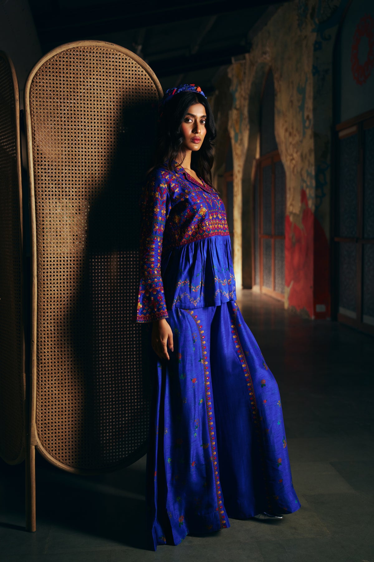 Royal Blue Silk Embroidered Peplum Jacket Set with Wide-Leg Palazzo - Mokshaa