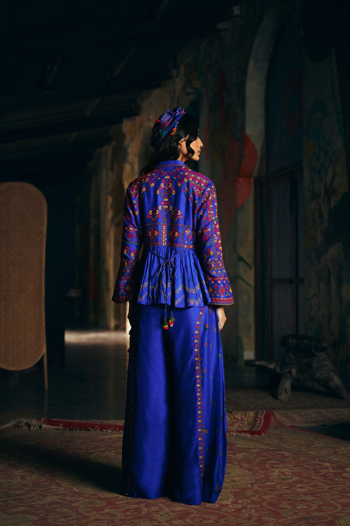 Royal Blue Silk Embroidered Peplum Jacket Set with Wide-Leg Palazzo - Mokshaa