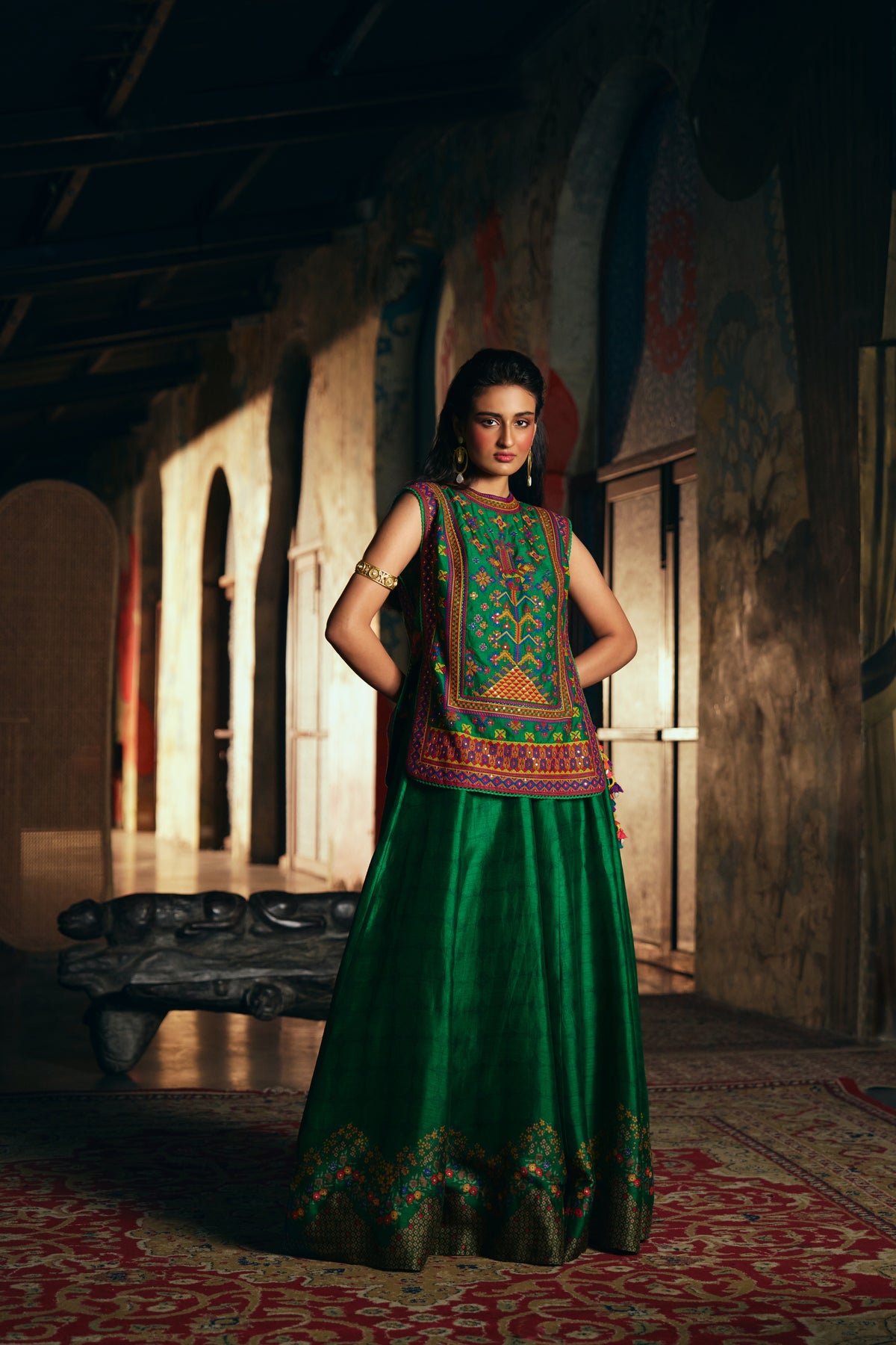 Emerald Green Silk Embroidered Sleeveless Top with Flared Skirt - Mokshaa