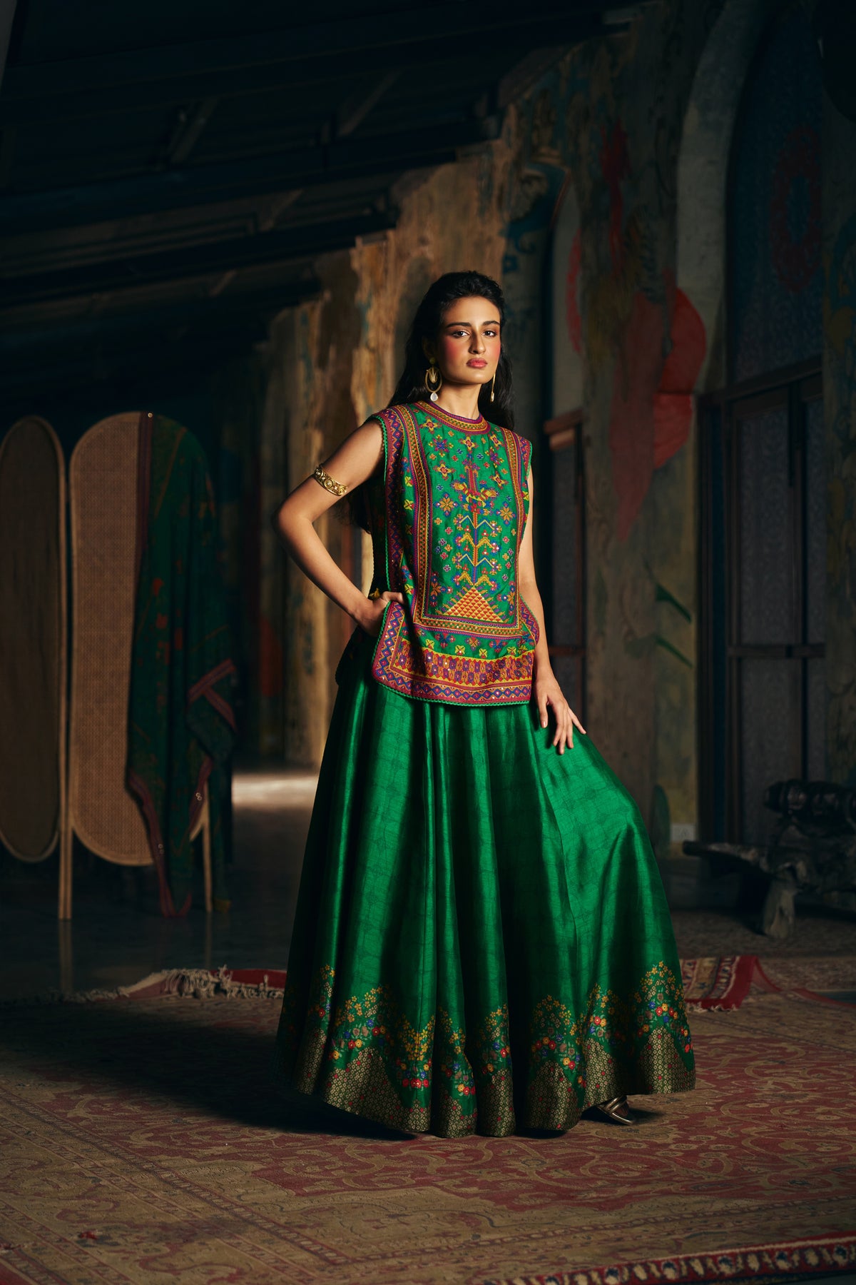 Emerald Green Silk Embroidered Sleeveless Top with Flared Skirt - Mokshaa