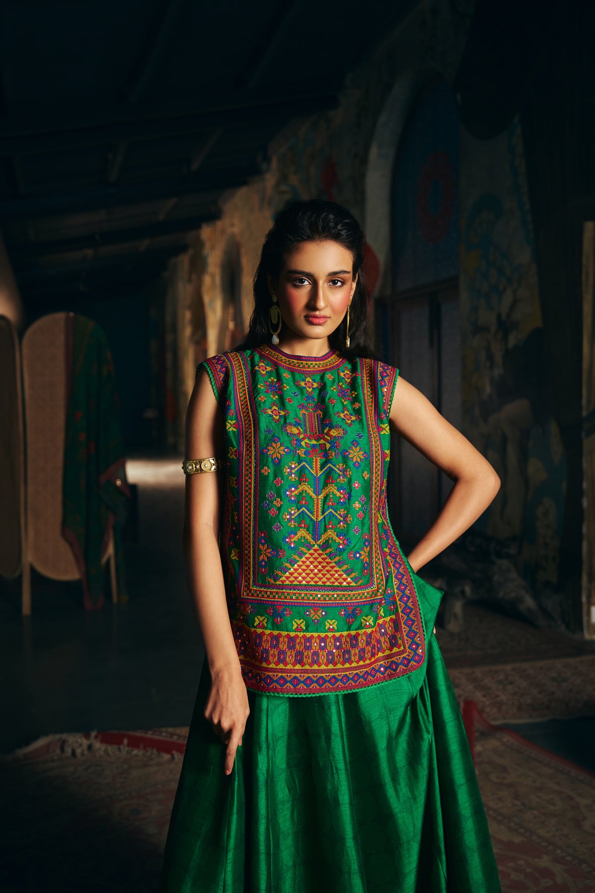 Emerald Green Silk Embroidered Sleeveless Top with Flared Skirt - Mokshaa
