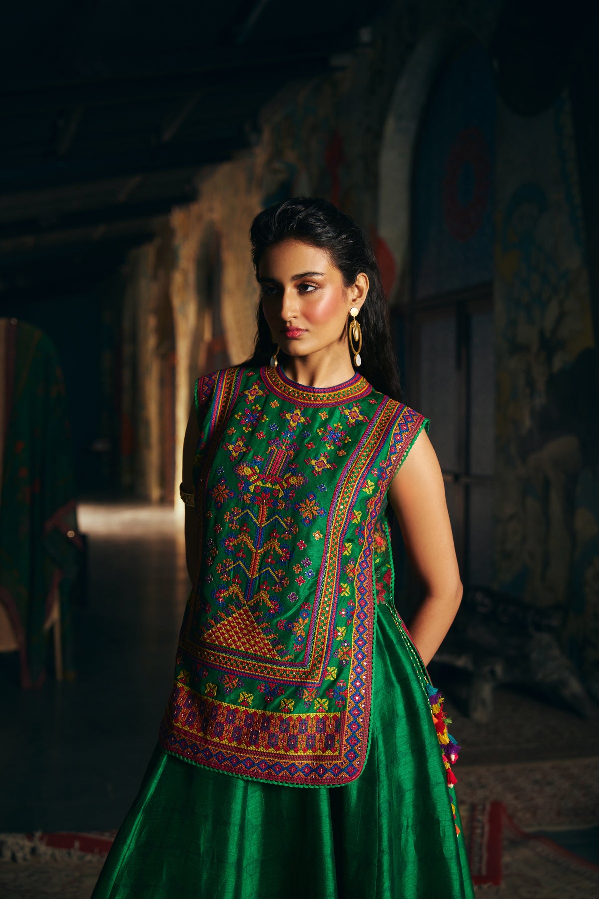 Emerald Green Silk Embroidered Sleeveless Top with Flared Skirt - Mokshaa