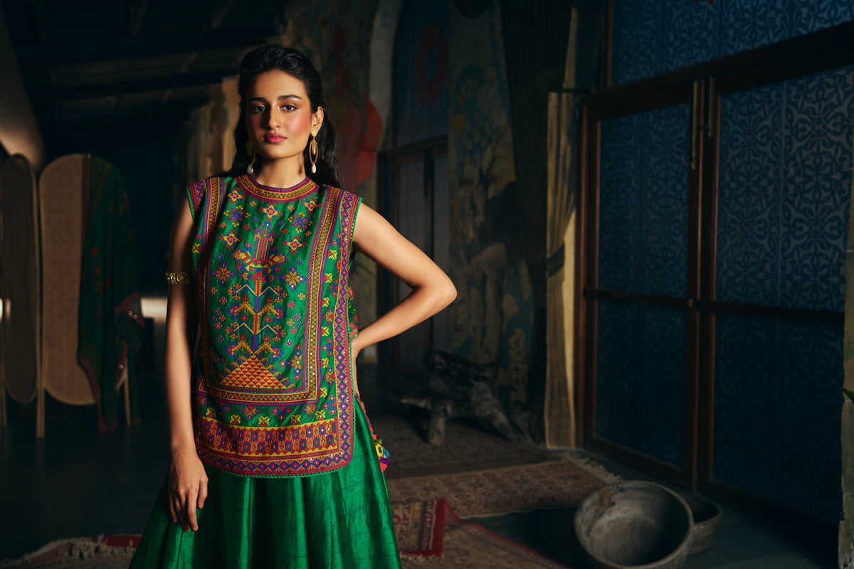 Emerald Green Silk Embroidered Sleeveless Top with Flared Skirt - Mokshaa
