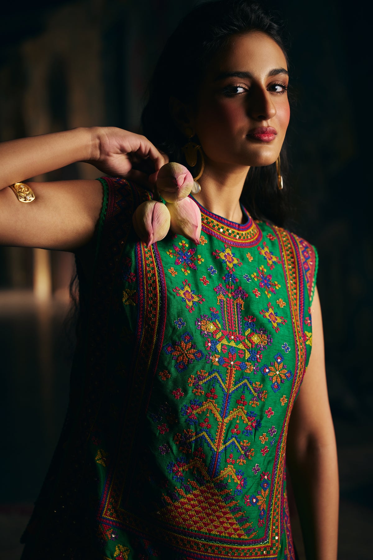 Emerald Green Silk Embroidered Sleeveless Top with Flared Skirt - Mokshaa