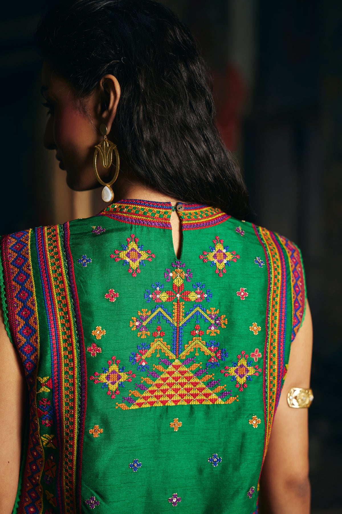 Emerald Green Silk Embroidered Sleeveless Top with Flared Skirt - Mokshaa