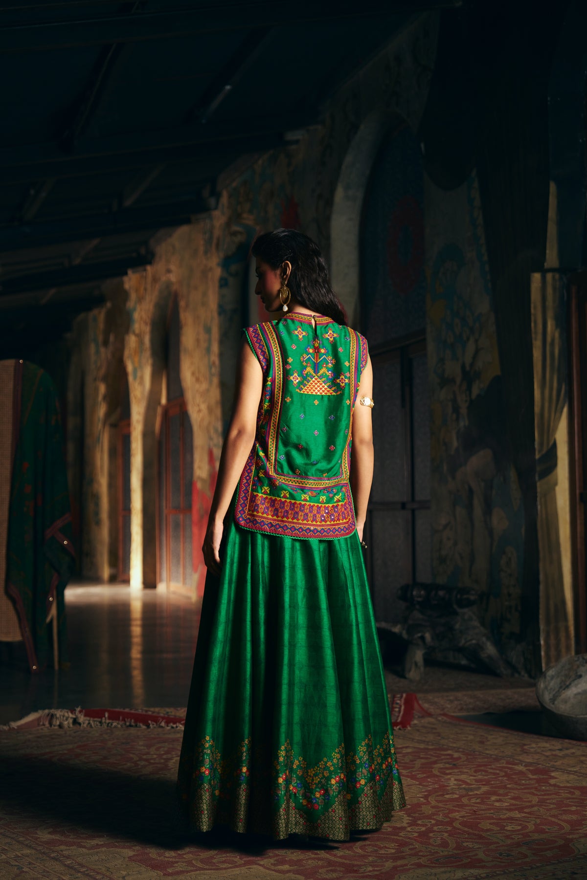 Emerald Green Silk Embroidered Sleeveless Top with Flared Skirt - Mokshaa