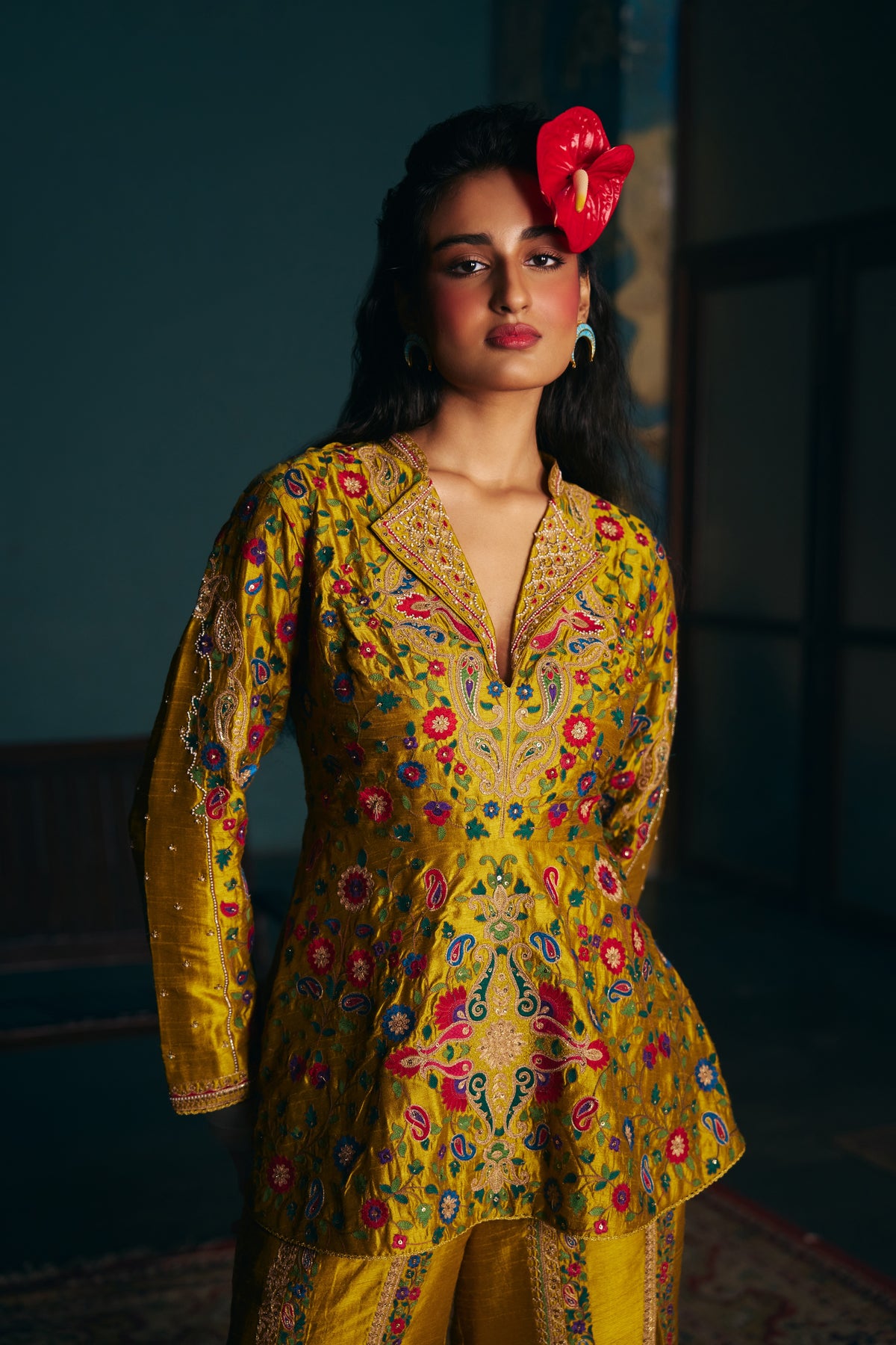 Mustard Gold Silk Embroidered Peplum Jacket Set with Flared Sharara - Mokshaa