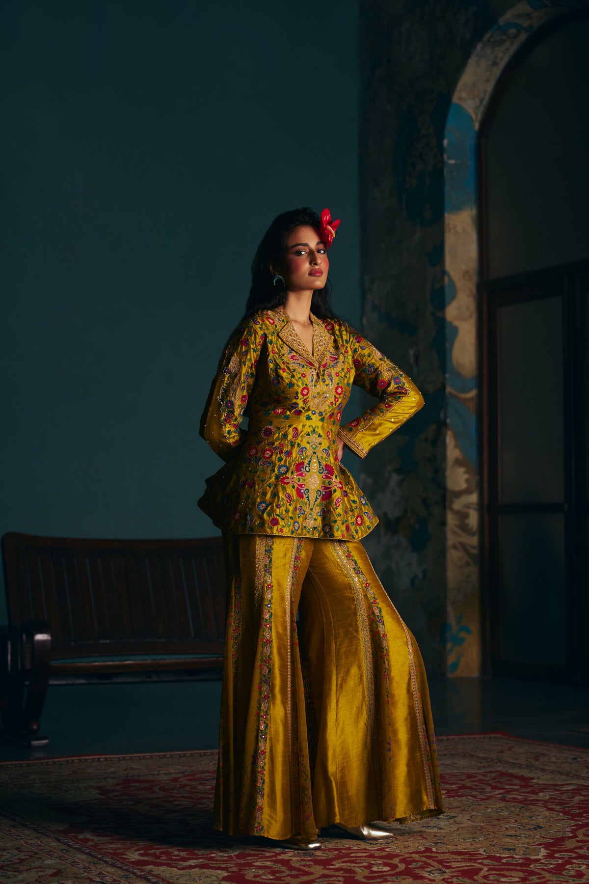 Mustard Gold Silk Embroidered Peplum Jacket Set with Flared Sharara - Mokshaa