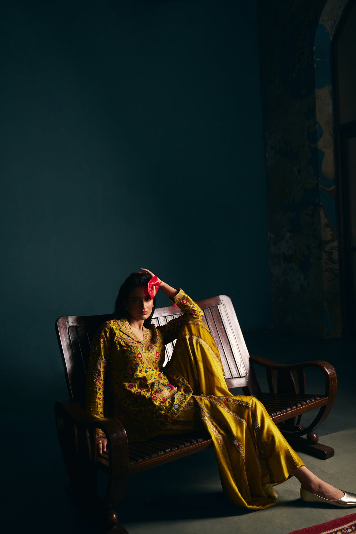 Mustard Gold Silk Embroidered Peplum Jacket Set with Flared Sharara - Mokshaa
