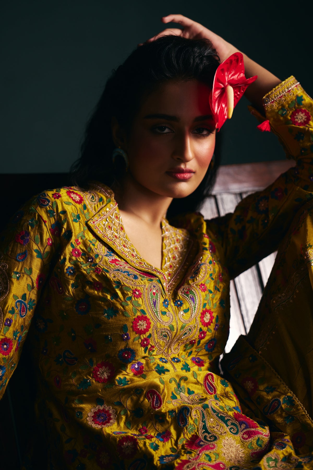 Mustard Gold Silk Embroidered Peplum Jacket Set with Flared Sharara - Mokshaa