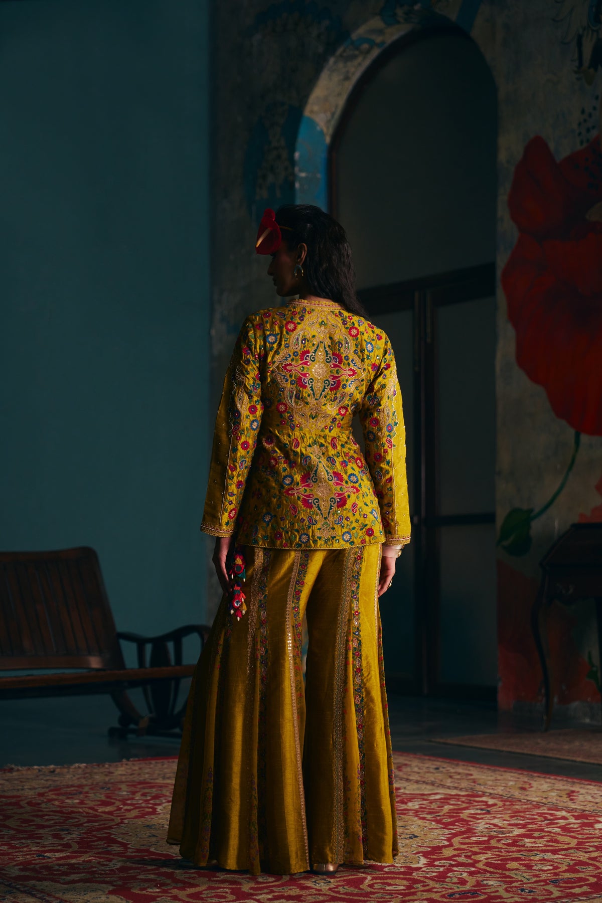 Mustard Gold Silk Embroidered Peplum Jacket Set with Flared Sharara - Mokshaa