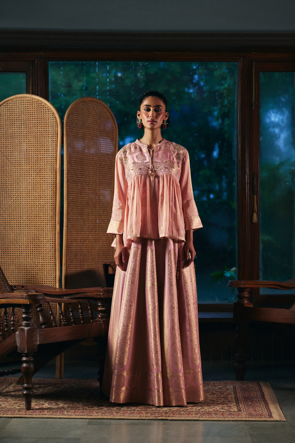 Blush Pink Banarasi Lehenga Set with Embroidered Yoke Peplum Top - Mokshaa