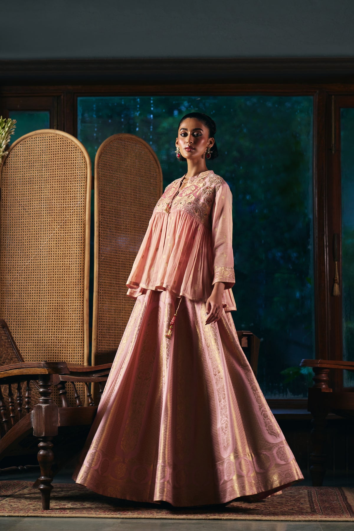 Blush Pink Banarasi Lehenga Set with Embroidered Yoke Peplum Top - Mokshaa