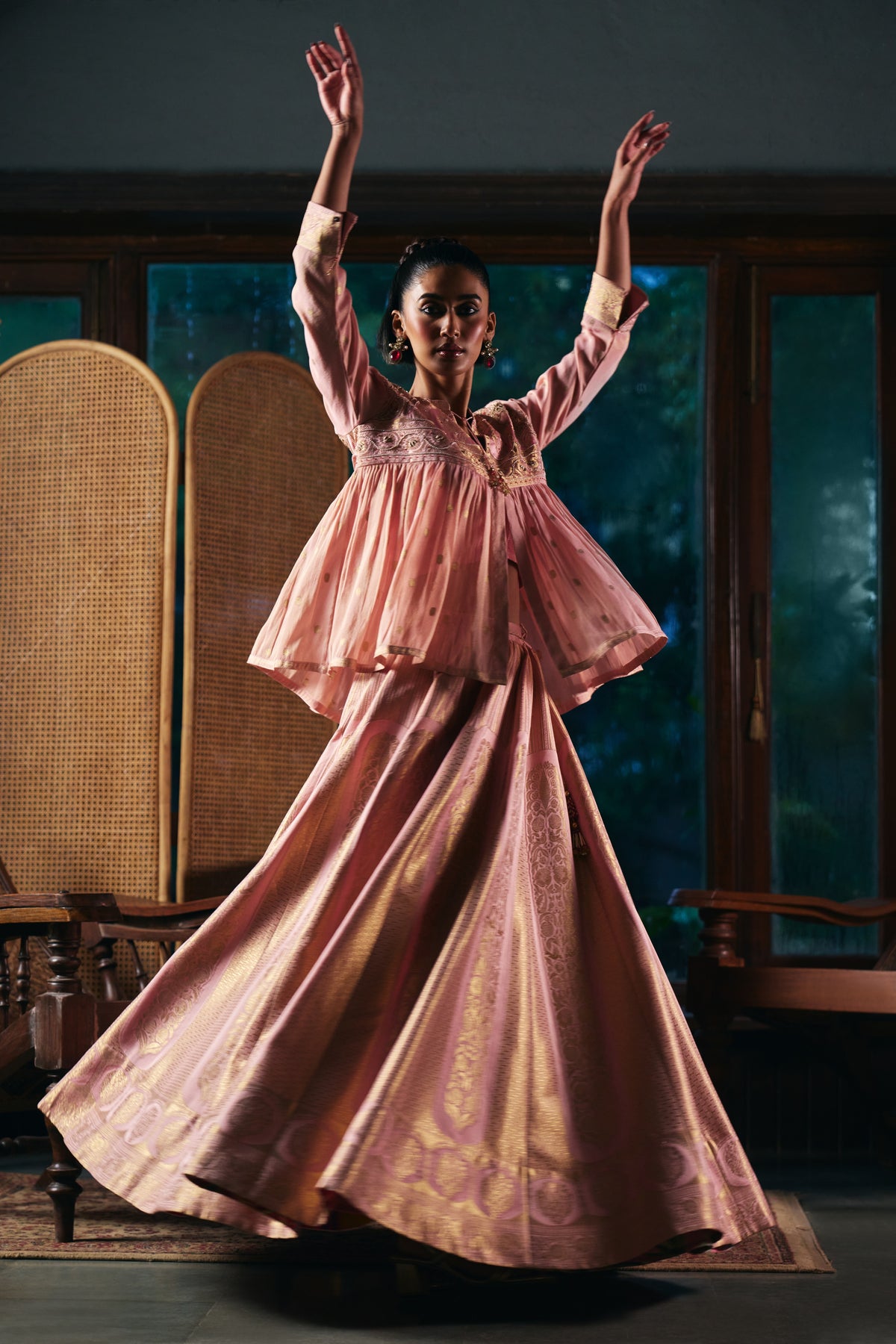 Blush Pink Banarasi Lehenga Set with Embroidered Yoke Peplum Top - Mokshaa