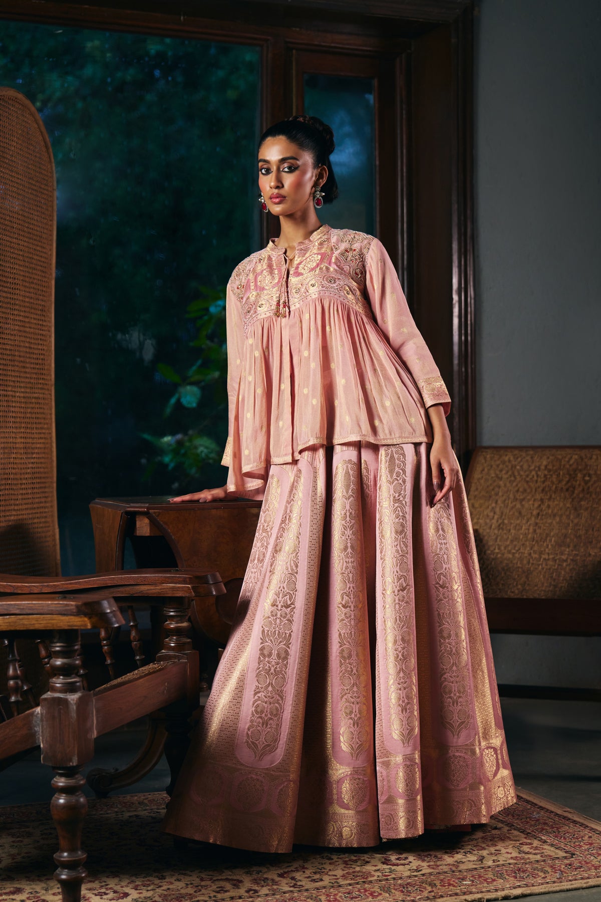 Blush Pink Banarasi Lehenga Set with Embroidered Yoke Peplum Top - Mokshaa