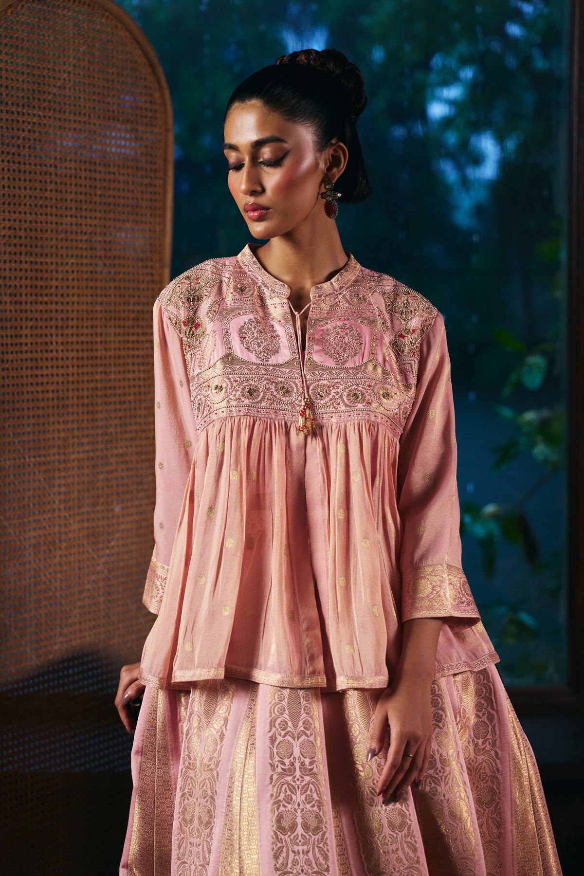 Blush Pink Banarasi Lehenga Set with Embroidered Yoke Peplum Top - Mokshaa