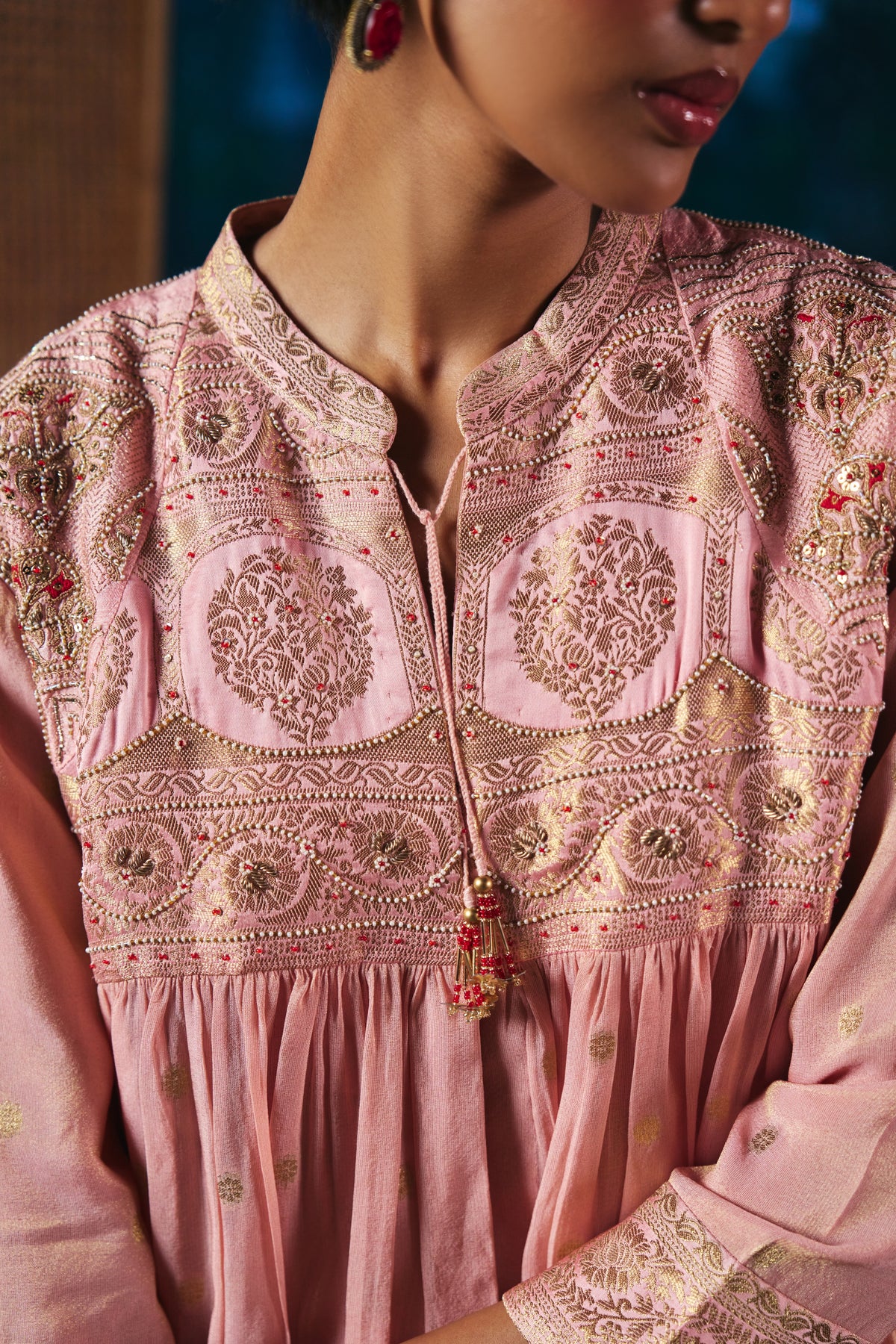 Blush Pink Banarasi Lehenga Set with Embroidered Yoke Peplum Top - Mokshaa
