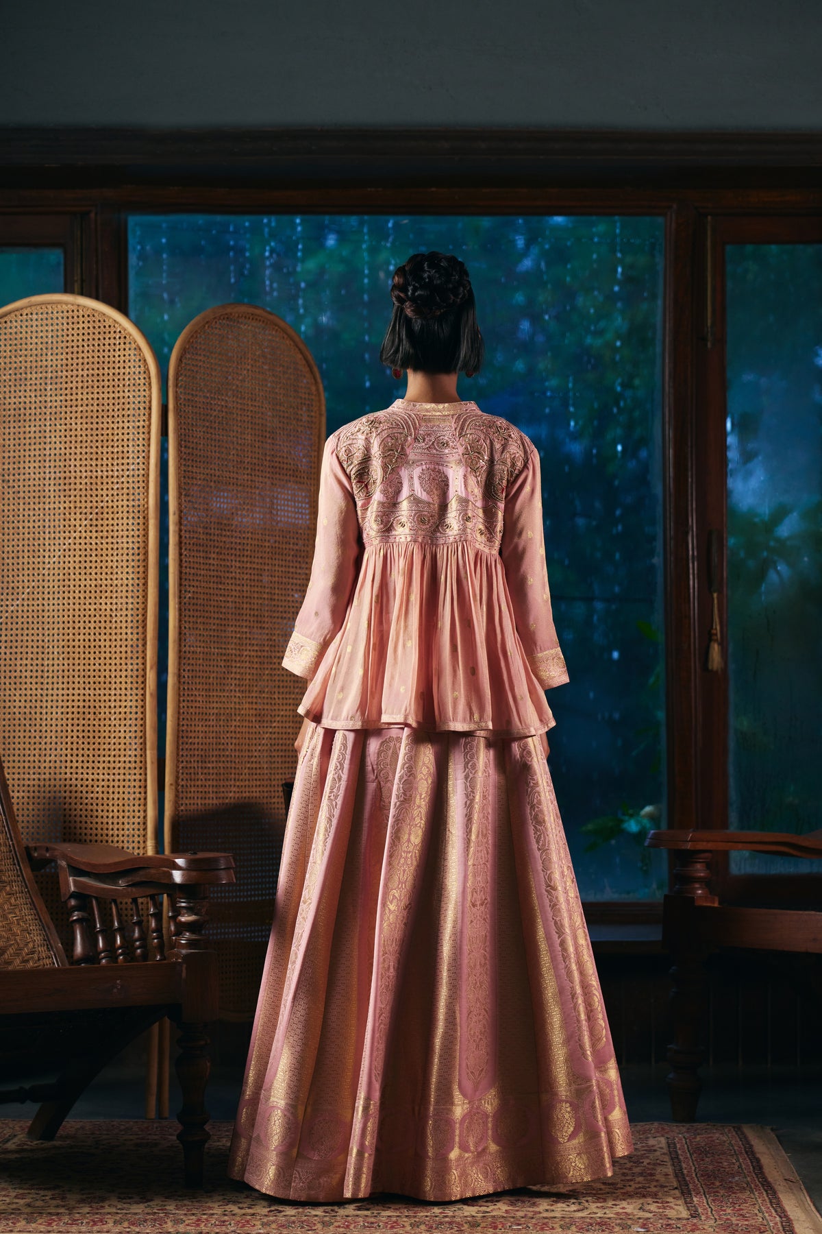 Blush Pink Banarasi Lehenga Set with Embroidered Yoke Peplum Top - Mokshaa