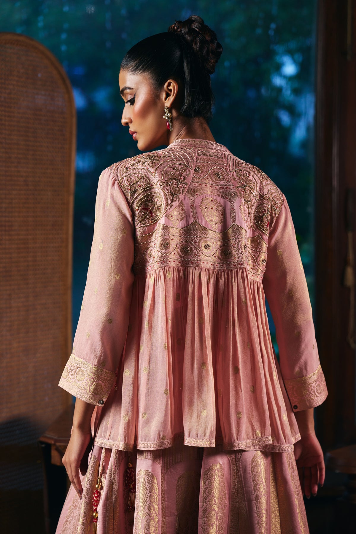 Blush Pink Banarasi Lehenga Set with Embroidered Yoke Peplum Top - Mokshaa