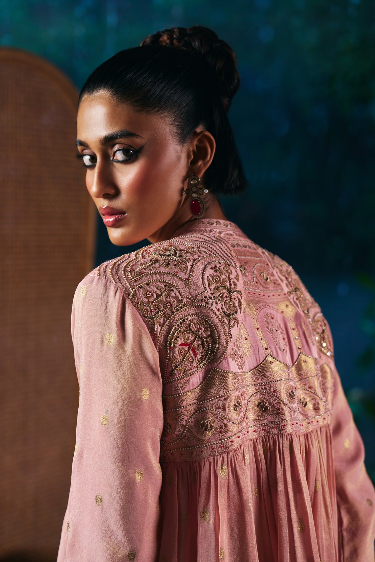 Blush Pink Banarasi Lehenga Set with Embroidered Yoke Peplum Top - Mokshaa