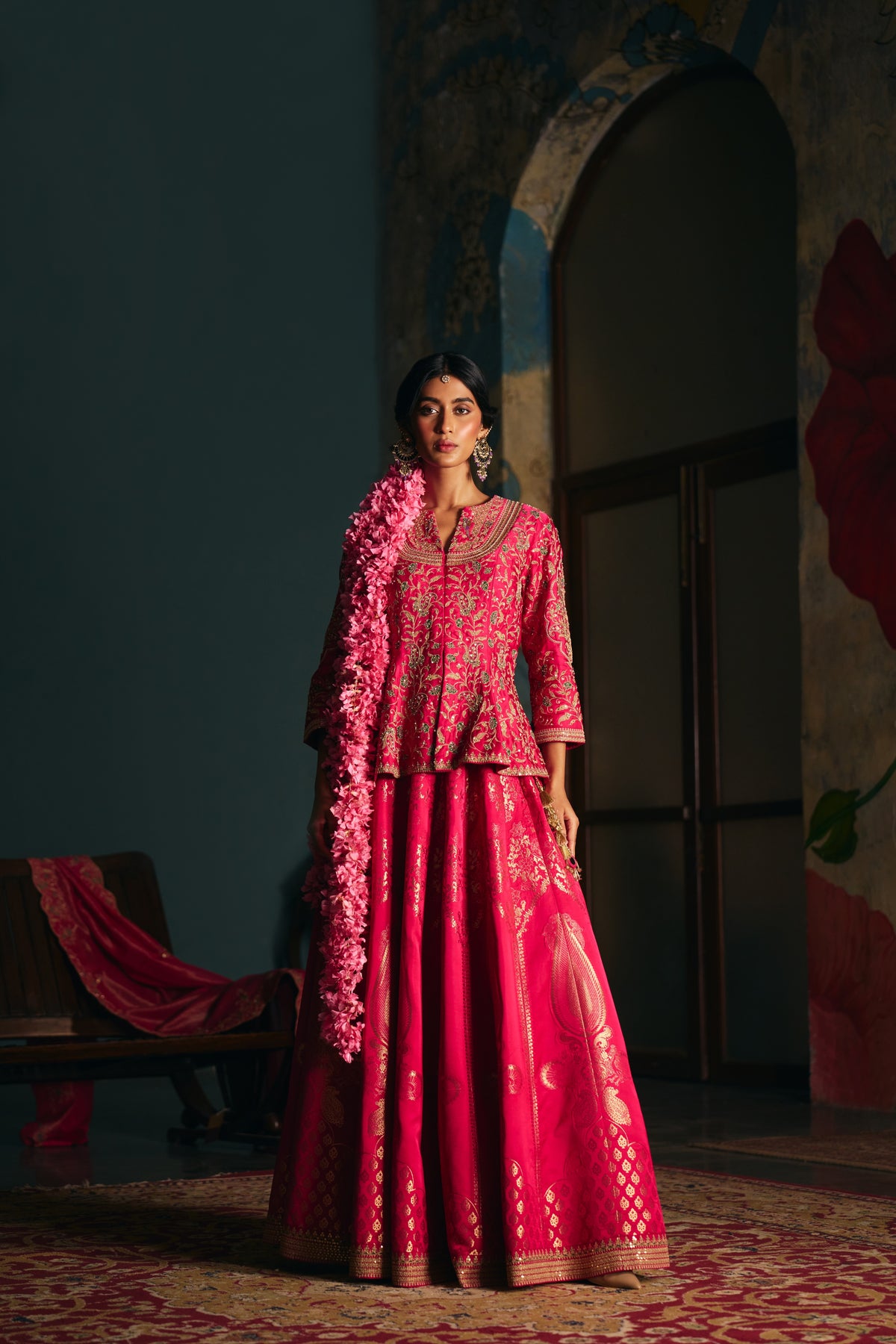 Hot Pink Banarasi Silk Lehenga Set with Zardozi Embroidered Peplum Top - Mokshaa