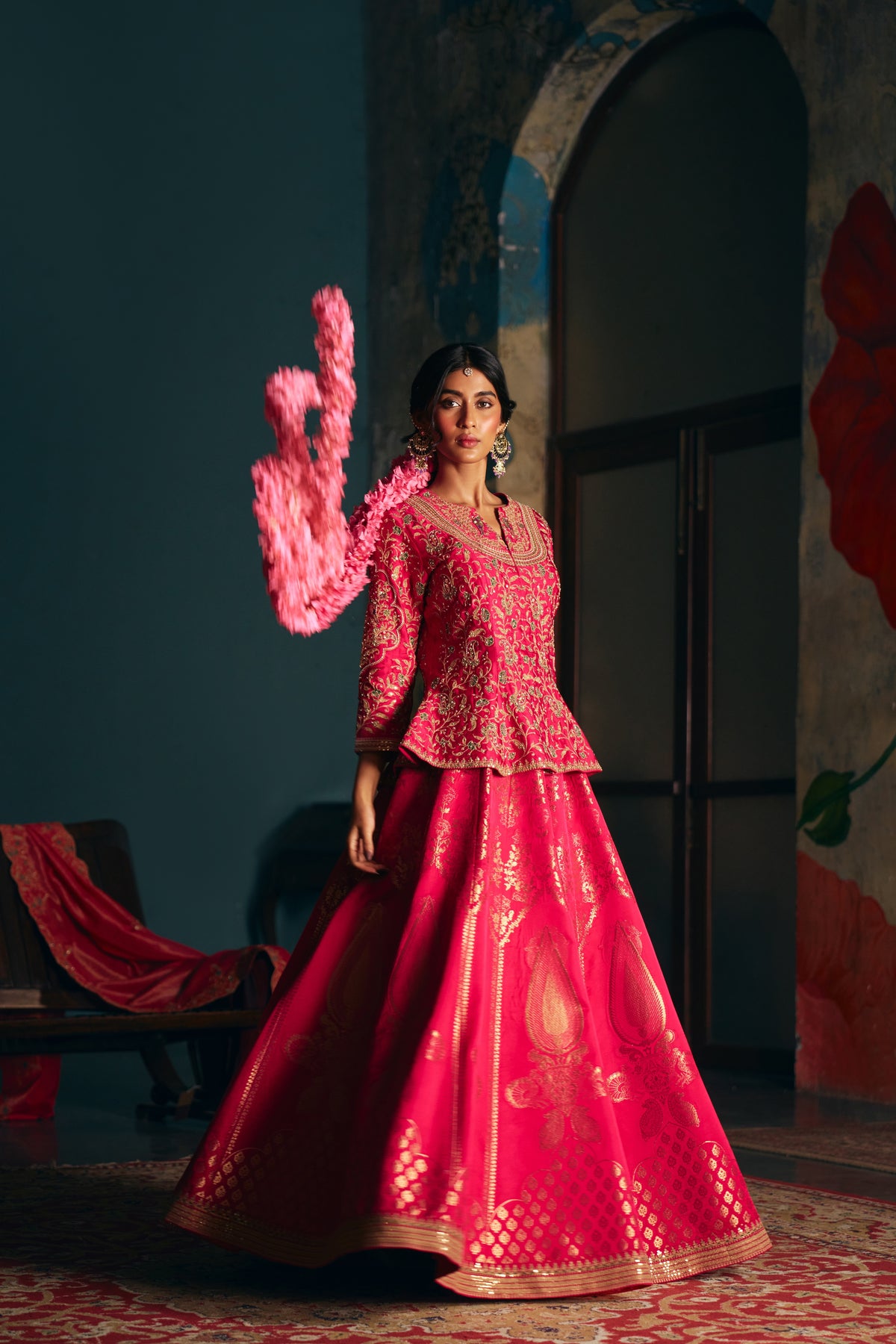 Hot Pink Banarasi Silk Lehenga Set with Zardozi Embroidered Peplum Top - Mokshaa