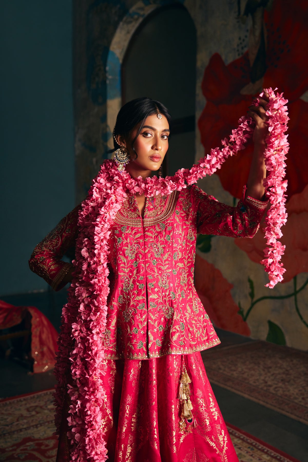 Hot Pink Banarasi Silk Lehenga Set with Zardozi Embroidered Peplum Top - Mokshaa