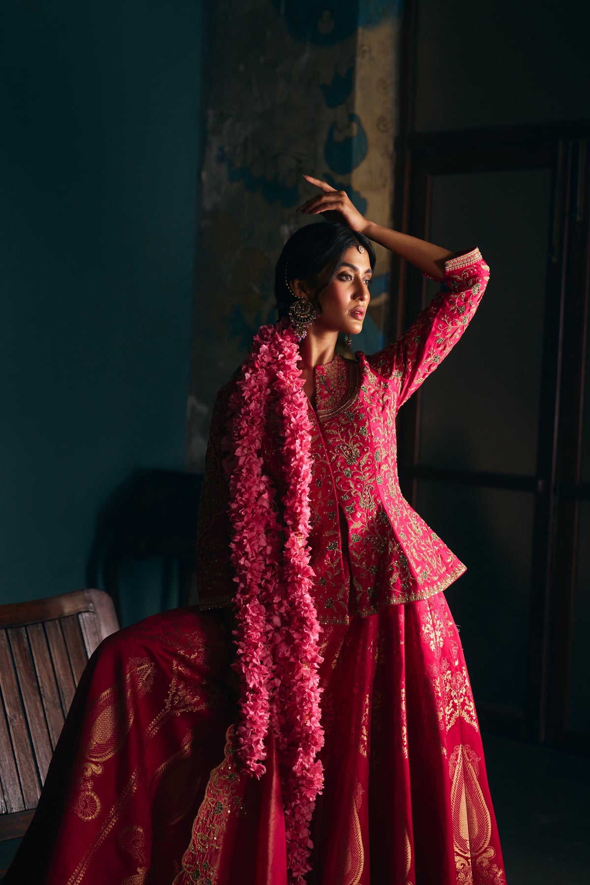 Hot Pink Banarasi Silk Lehenga Set with Zardozi Embroidered Peplum Top - Mokshaa