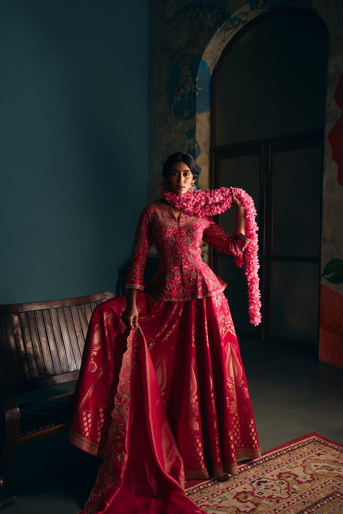 Hot Pink Banarasi Silk Lehenga Set with Zardozi Embroidered Peplum Top - Mokshaa